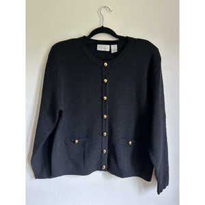 Black Cropped Cardigan 100% Wool Knit Round Neck Gold Buttons Front Pockets